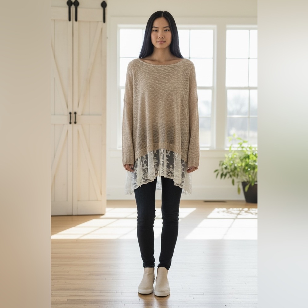 UMGEE Oversized Open Knit Lace Ruffle Sweater Women’s Large Beige Tunic Top - Picture 2 of 10